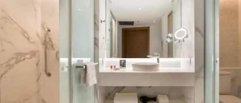 Hair dryer, towels, soap, toilet paper