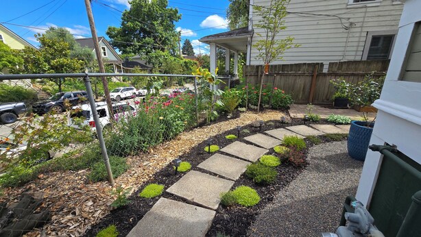 A residential garden with a stone pathway, various plants, and a wooden fence. - Cozy 3-beds house in NE Portland. (Portland)
