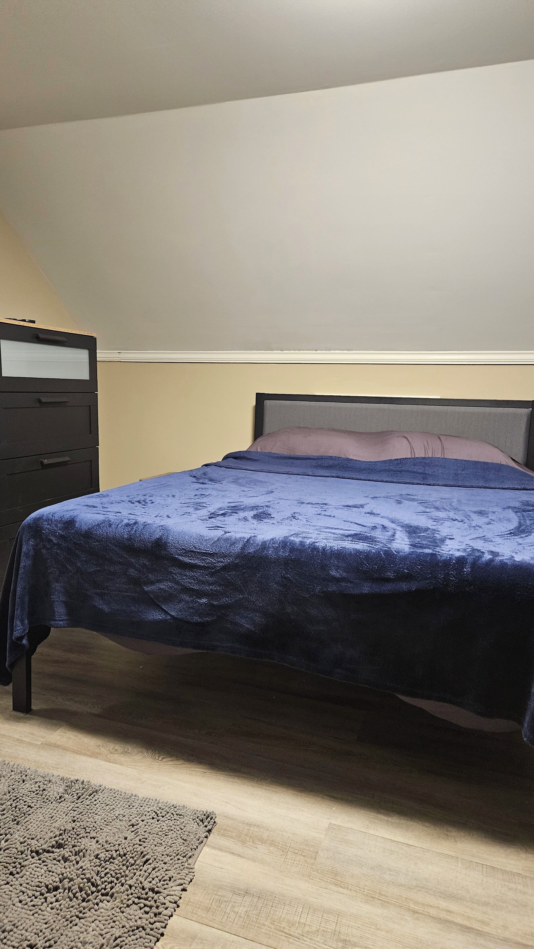 Une chambre à coucher avec un lit, une commode et un tapis.