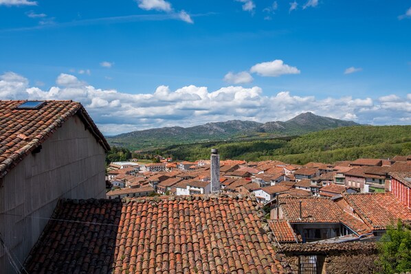 Une ville aux toits recouverts de tuiles rouges, avec un clocher d’église imposant et une montagne en arrière-plan.