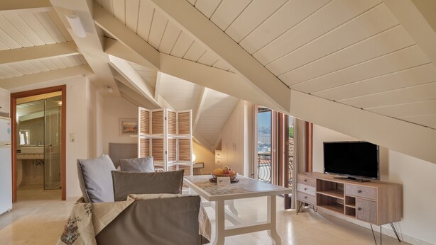 Amplo quarto no estilo loft com uma grande janela, uma cama, uma TV e um espaço de jantar.