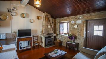 Una televisión, una chimenea