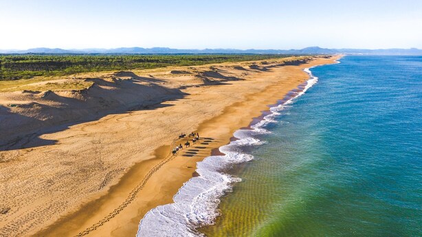 A beach with a clear view of the ocean, a sandy path, and footprints leading to the water. - Villa Eole – Elegant villa with garden in Hossegor, steps from the beach and town center (Soorts-Hossegor)