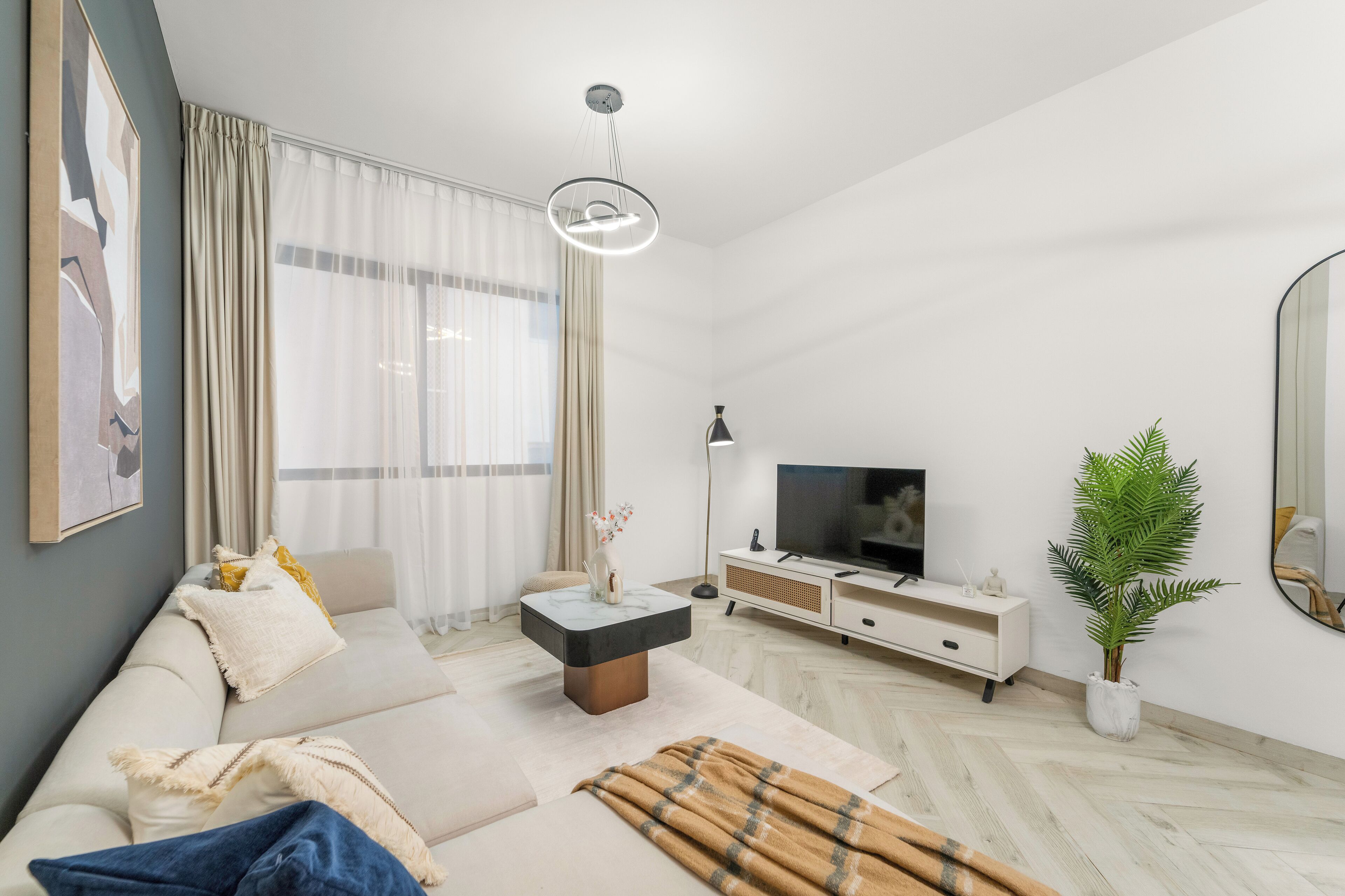 A modern living room with a sofa, coffee table, TV, and a plant.