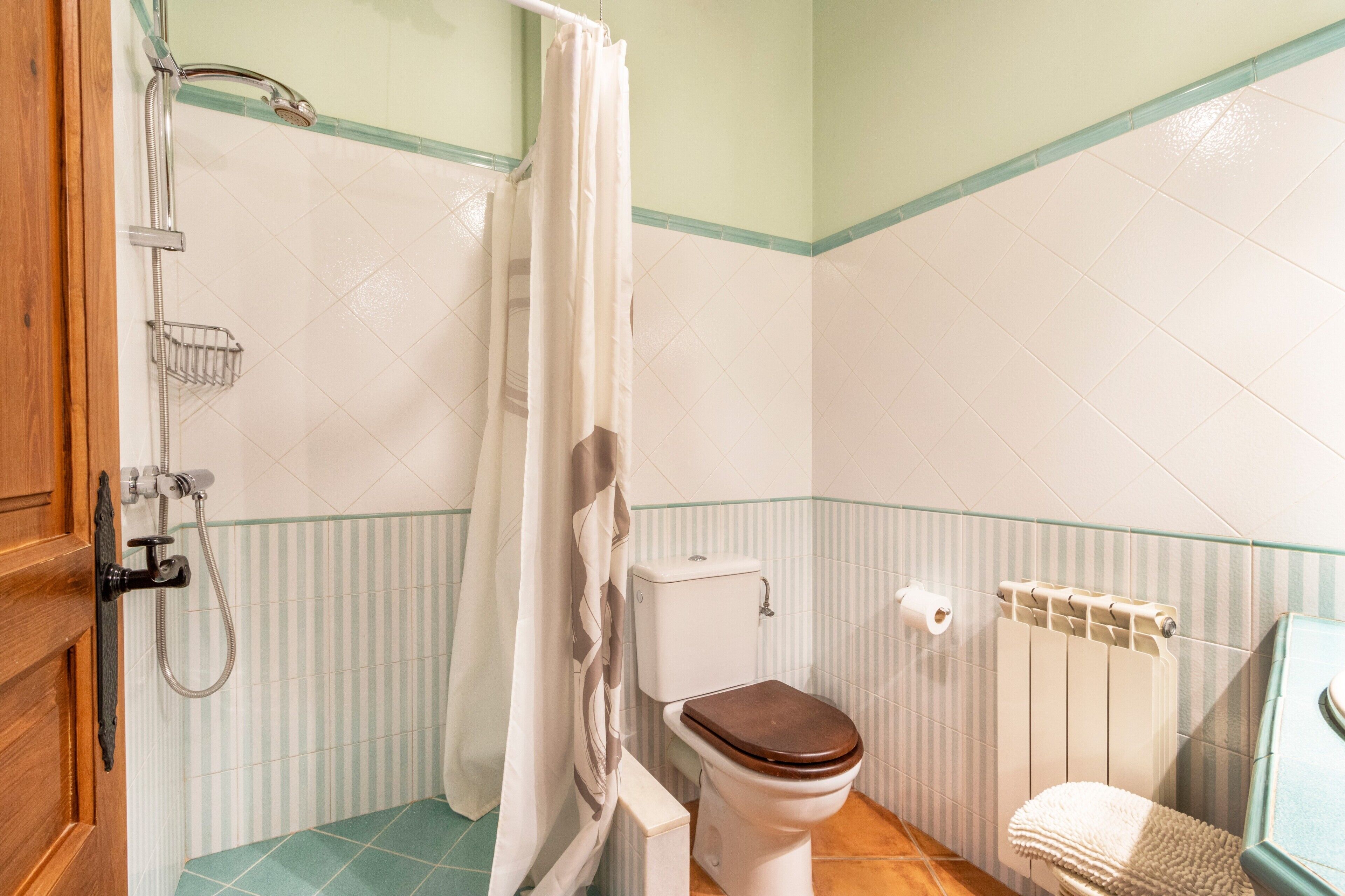 Une salle de bain avec douche, toilettes et radiateur.