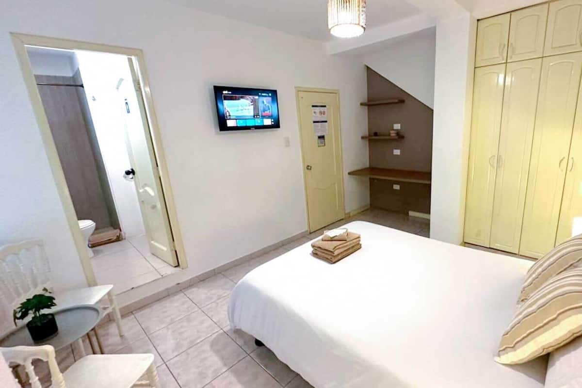 Una habitación de hotel con cama, televisión, armario, escritorio y silla.