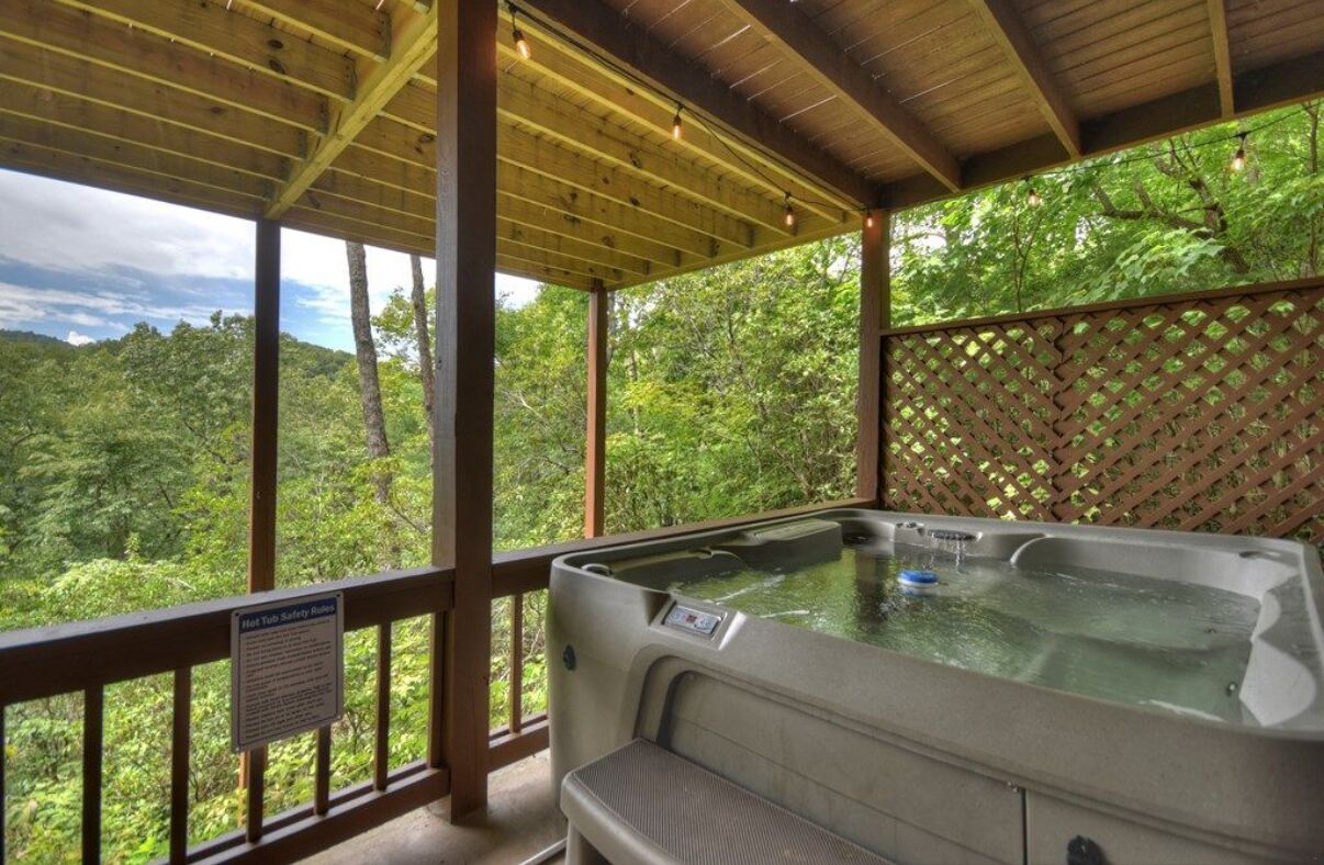 Un bain à remous situé dans un espace extérieur abrité, offrant une vue sur un paysage boisé.