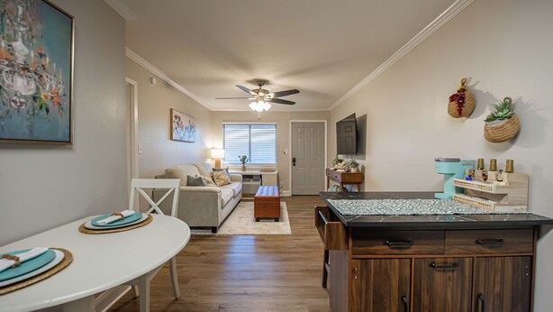 A modern living room with a white sofa, a dining table with blue placemats, a wooden cabinet, and a ceiling fan. - Tallahassee Gem-Next to Doak and CollegeTown-Ideal for FSU weekend.3 minute walk (Tallahassee)