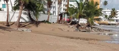 Ein sandiger Strand mit Palmen und einem weißen Gebäude im Hintergrund.