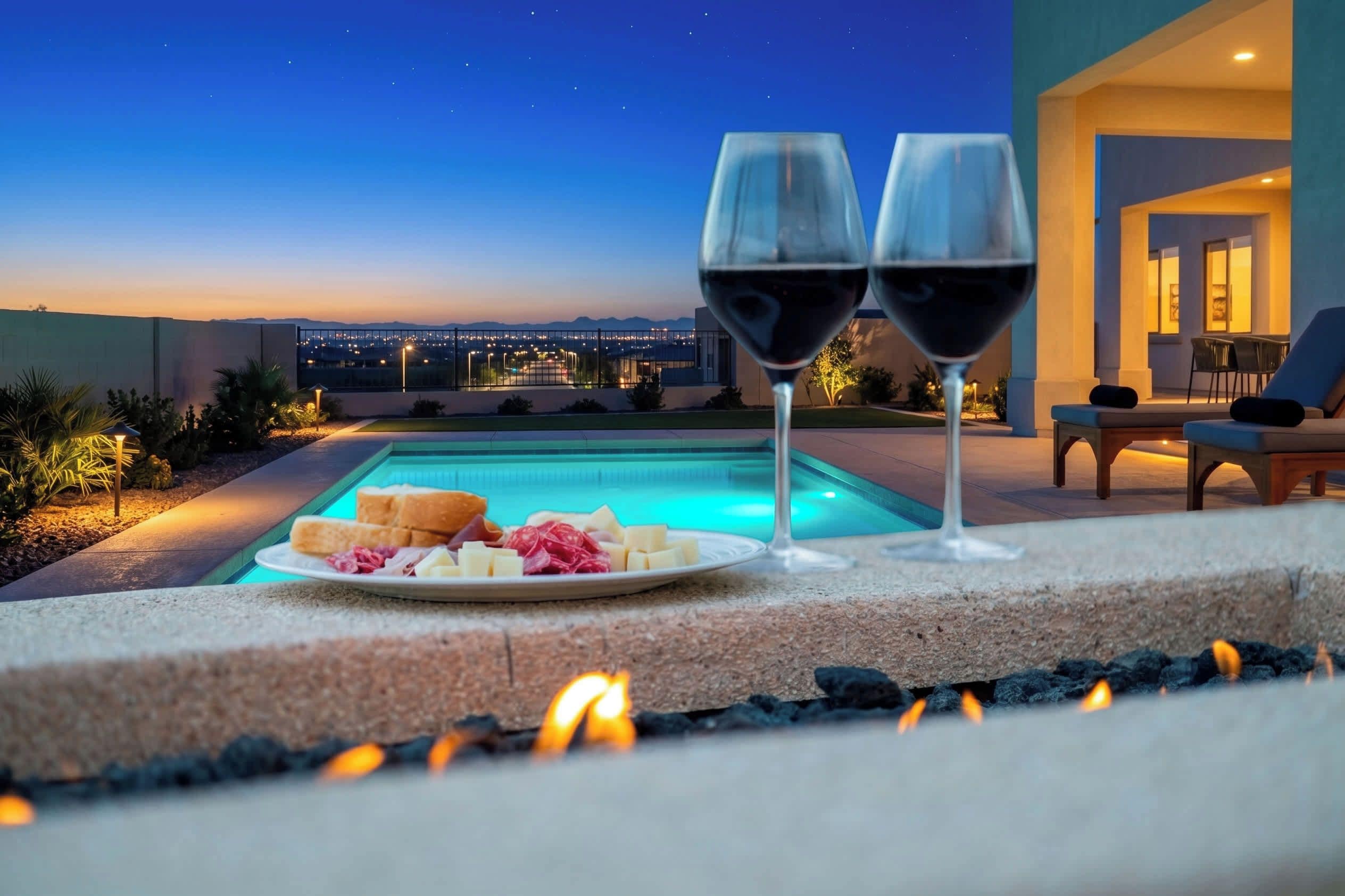 Une scène de bord de piscine avec vue sur une ville au crépuscule, deux verres de vin rouge et une assiette de nourriture.