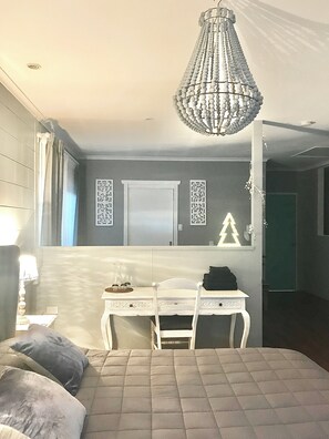 1 bedroom, desk, iron/ironing board, travel cot