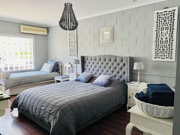 1 bedroom, desk, iron/ironing board, travel cot