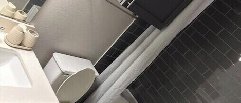 Hair dryer, towels, soap, toilet paper
