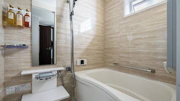 Hair dryer, bidet, towels, soap