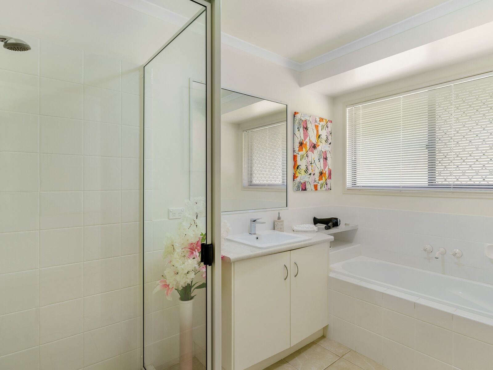 Hair dryer, bidet, towels, soap