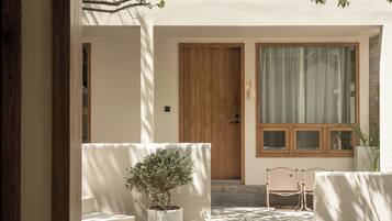 A modern interior with a wooden door, a window with curtains, a potted plant, and two chairs.