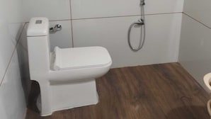 Un baño con inodoro blanco, ducha de mano y suelo de madera.