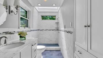 Hair dryer, towels, soap, shampoo