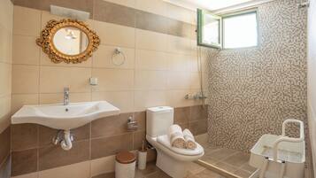 Hair dryer, towels, soap, toilet paper