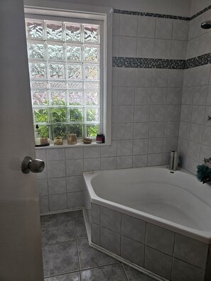 Chuveiro, secador de cabelo, toalhas de banho, sabonete