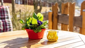 A wooden table with a red pot of plants and a yellow glass container. - Apartment 'Am Miriquidi' with Mountain View, Shared Terrace and Wi-Fi (Marienberg)