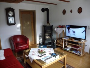 Televisie, een open haard, een dvd-speler en een stereo