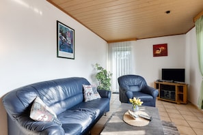 A living room with a blue leather sofa, a matching armchair, a coffee table with a vase of flowers, a television on a wooden stand, and a potted plant.