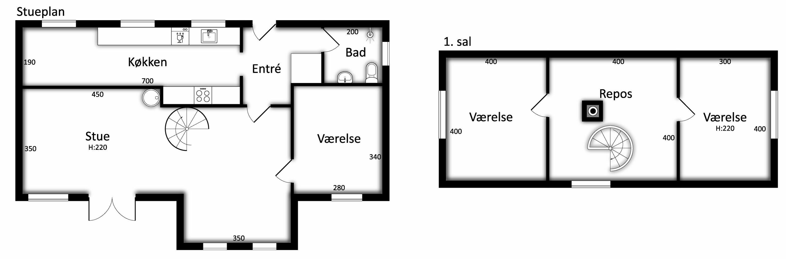 A hotel layout with a kitchen, ensuite bathroom, and a ensuite room.
