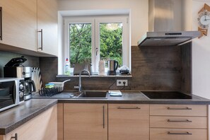 Fridge, microwave, stovetop, dishwasher - Apartment 'Burgunder' with Private Terrace, Kitchenette and Wi-Fi (Vaihingen an der Enz)
