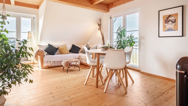 Een gezellige woonkamer met een houten plafond, een witte bank met kussens, een eettafel met stoelen en een raam met uitzicht.