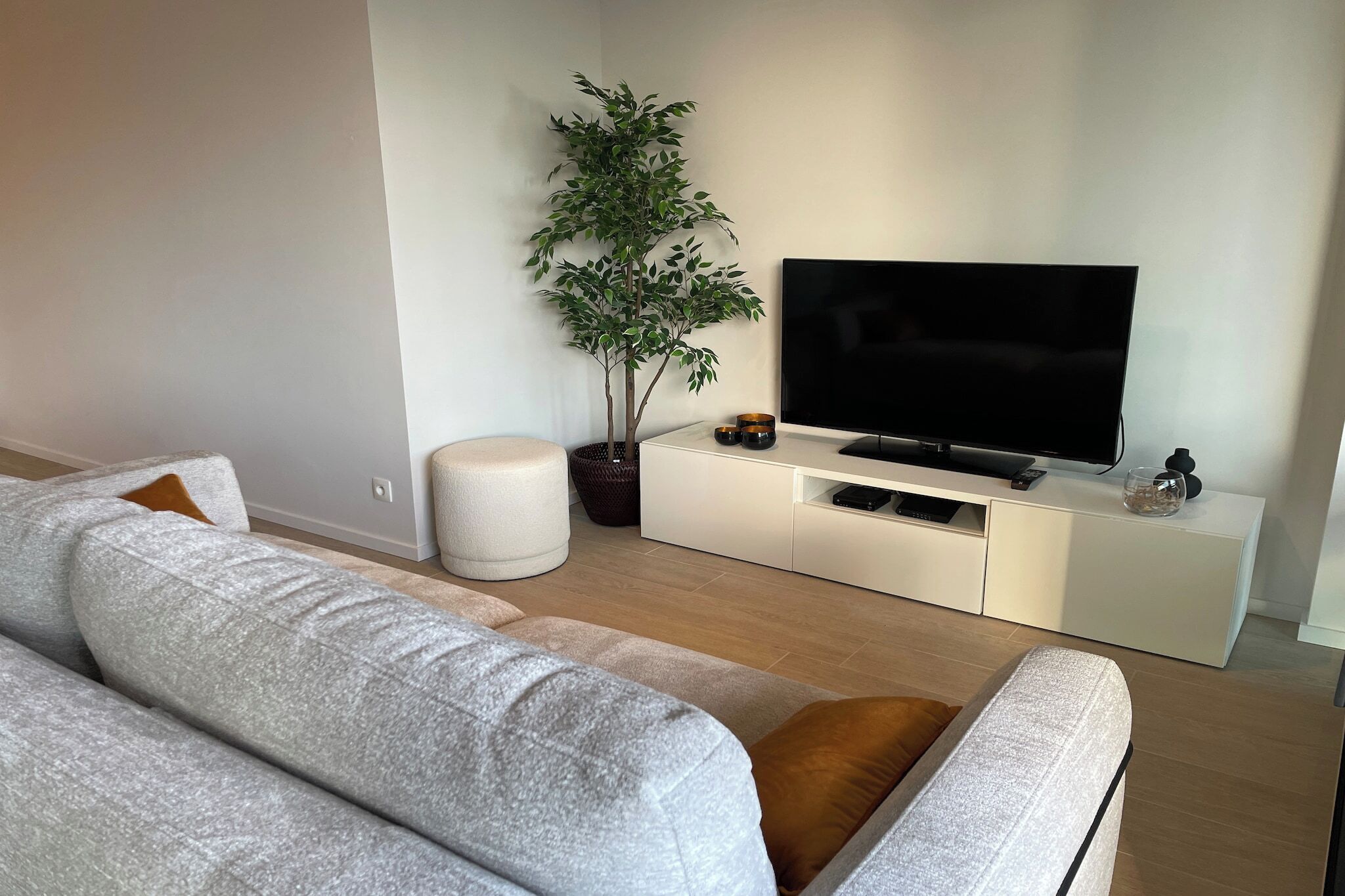 Ein modernes Wohnzimmer mit grauem Sofa, einem kleinen Blumentopf, einem Flachbildfernseher auf einem weißen Schrank und Holzboden.