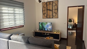 Un salon avec un canapé gris, un téléviseur posé sur un meuble en bois et une grande horloge murale.