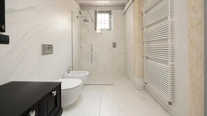 Shower, hair dryer, bidet, towels