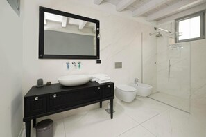 Shower, hair dryer, bidet, towels