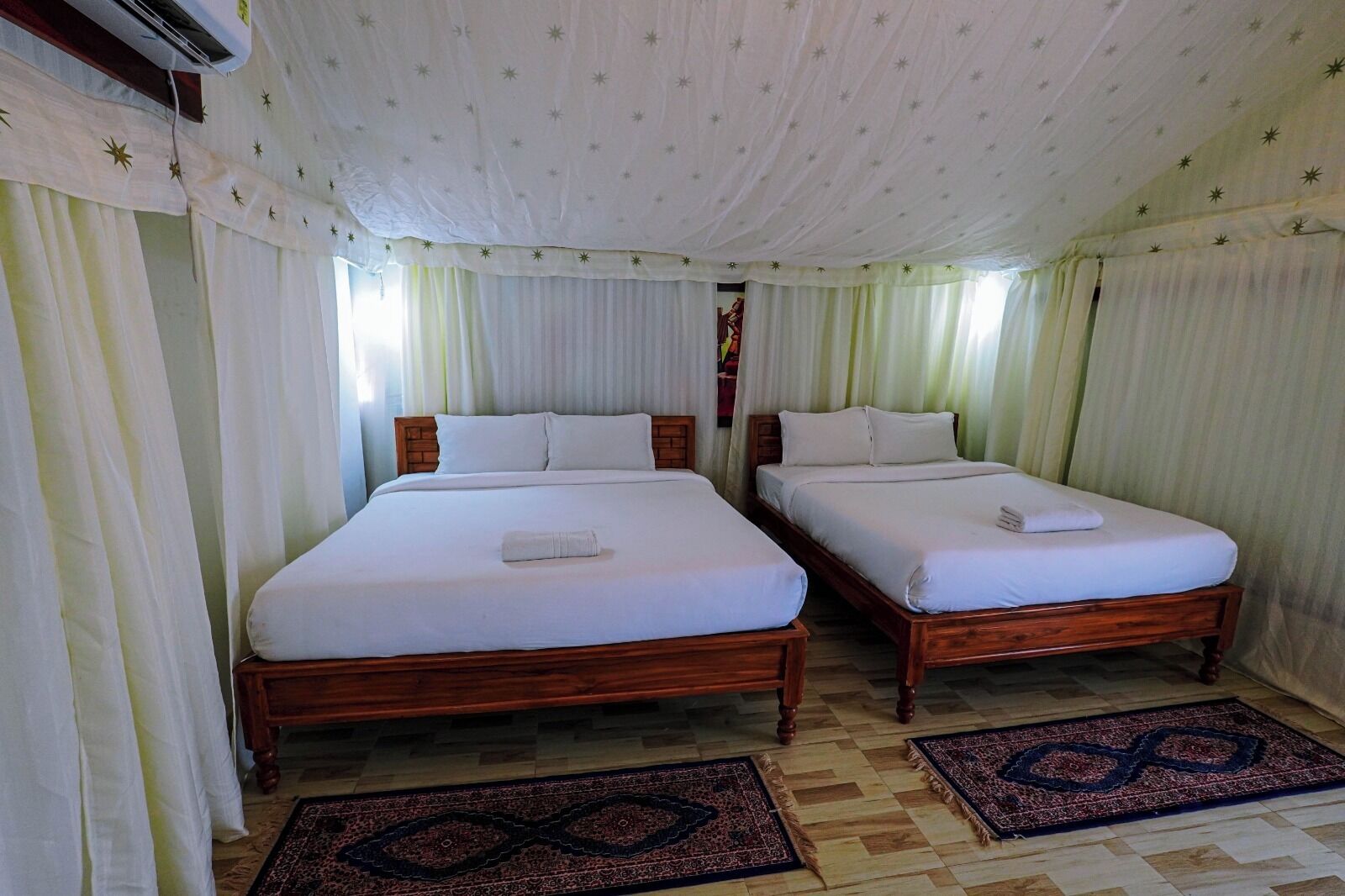 Laptop workspace, blackout curtains, free WiFi