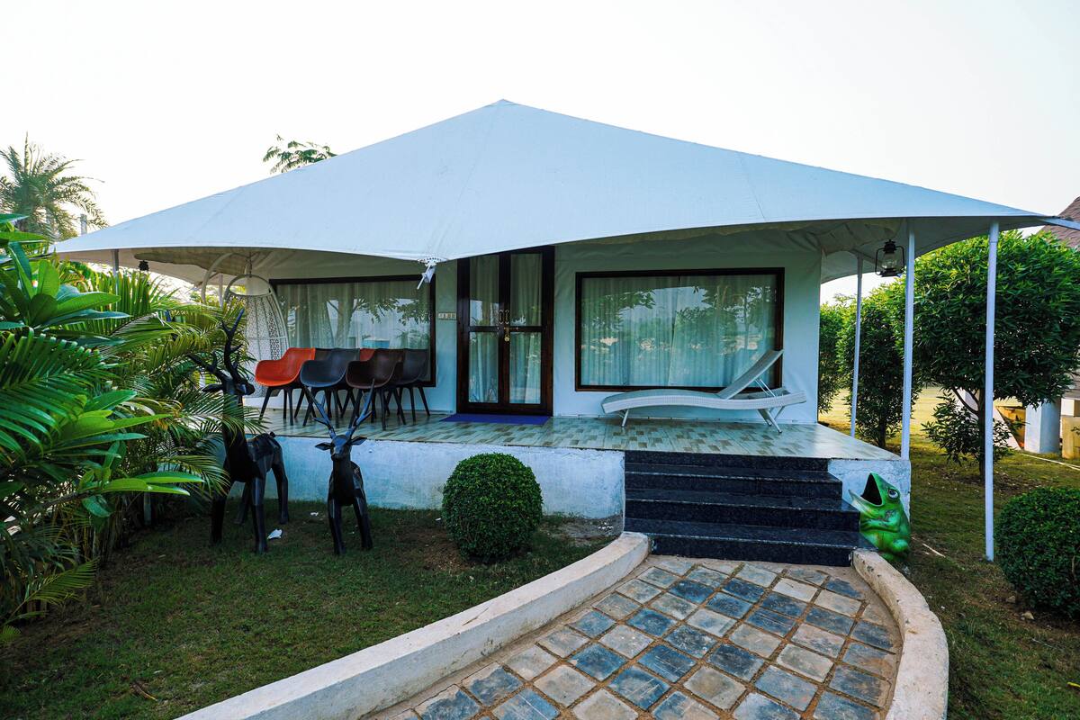 A modern house with a covered porch, outdoor seating, and a small garden.
