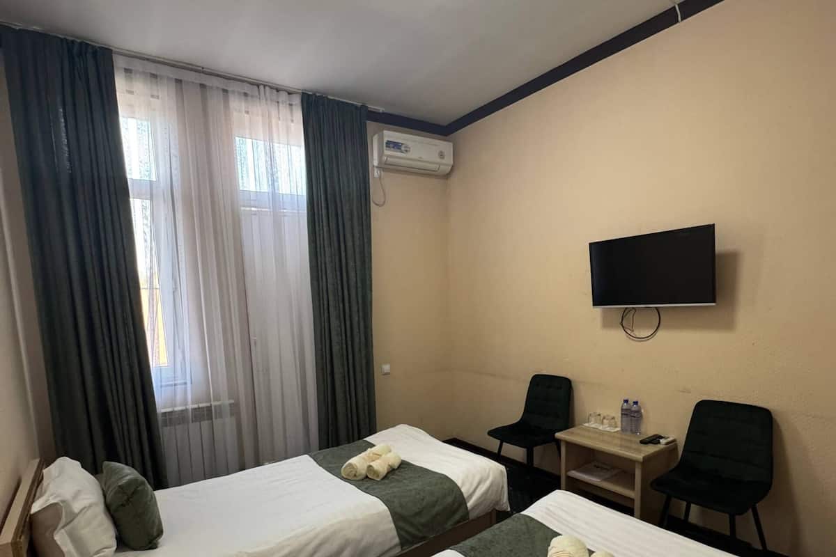 基础双床房, 庭院景观 | 办公桌、笔记本电脑工作区、遮光窗帘、熨斗/熨板