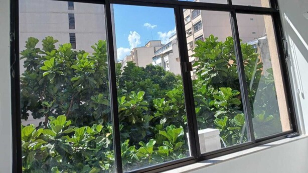 A window with a view of a building and greenery. - Amazing, stylish 1-bedroom apartment in the heart of Copacabana! (Copacabana Rio de Janeiro)