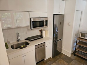 Fridge, microwave, dishwasher, coffee/tea maker