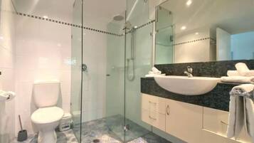 Chuveiro, secador de cabelo, toalhas de banho, sabonete