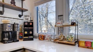 A kitchen with a coffee machine, jars of snacks, and a sign that says "Coffee Time". - Pocono Lake Charmer: Lakeview Retreat for 10 (Tobyhanna)