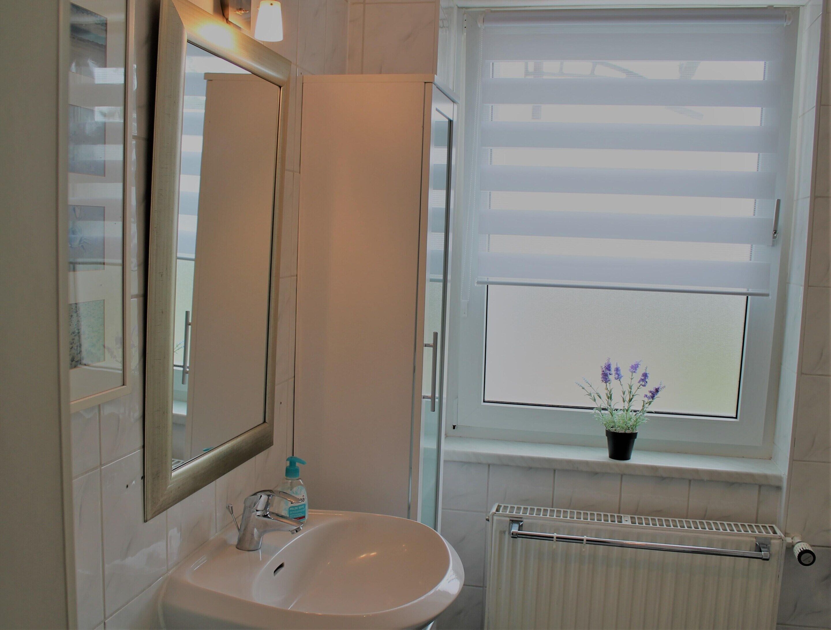 Une salle de bain avec un lavabo blanc, un miroir, une fenêtre avec des stores, un radiateur et une plante en pot posée sur le rebord de la fenêtre.