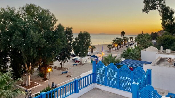 A coastal view with a blue fence, trees, and a sunset over the sea. - BLUE SKY SIDI BOUSAID (Carthage)