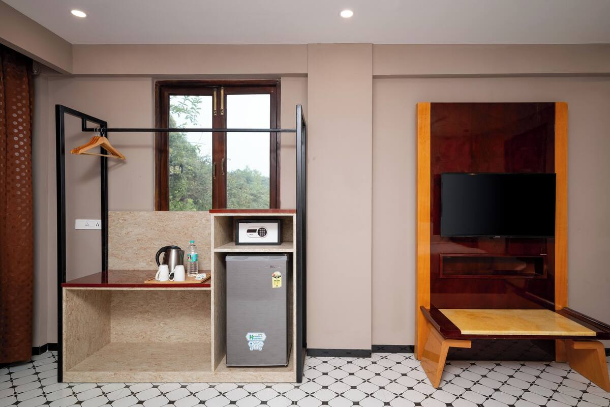 Una habitación compacta con kitchenette, televisión y ventana con vistas a zonas verdes.