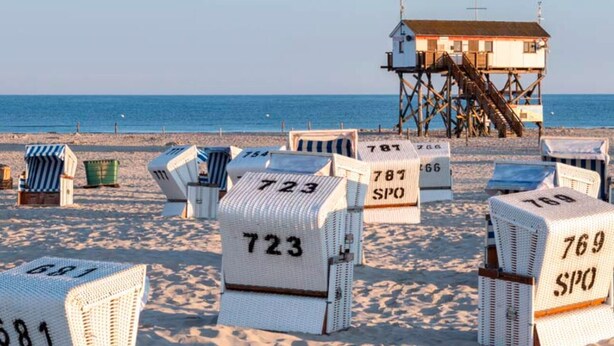 Sillas de playa con números, una torre de salvavidas y el océano al fondo.