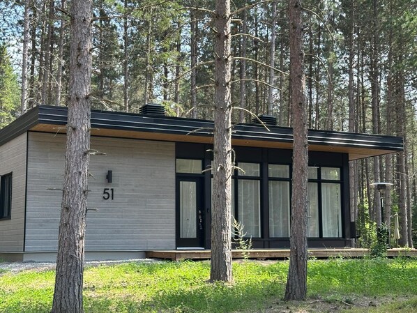 Moderni mökki, jonka sivussa on numero 51, ja jonka ympärillä on puita.