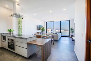 Fridge, microwave, stovetop, toaster