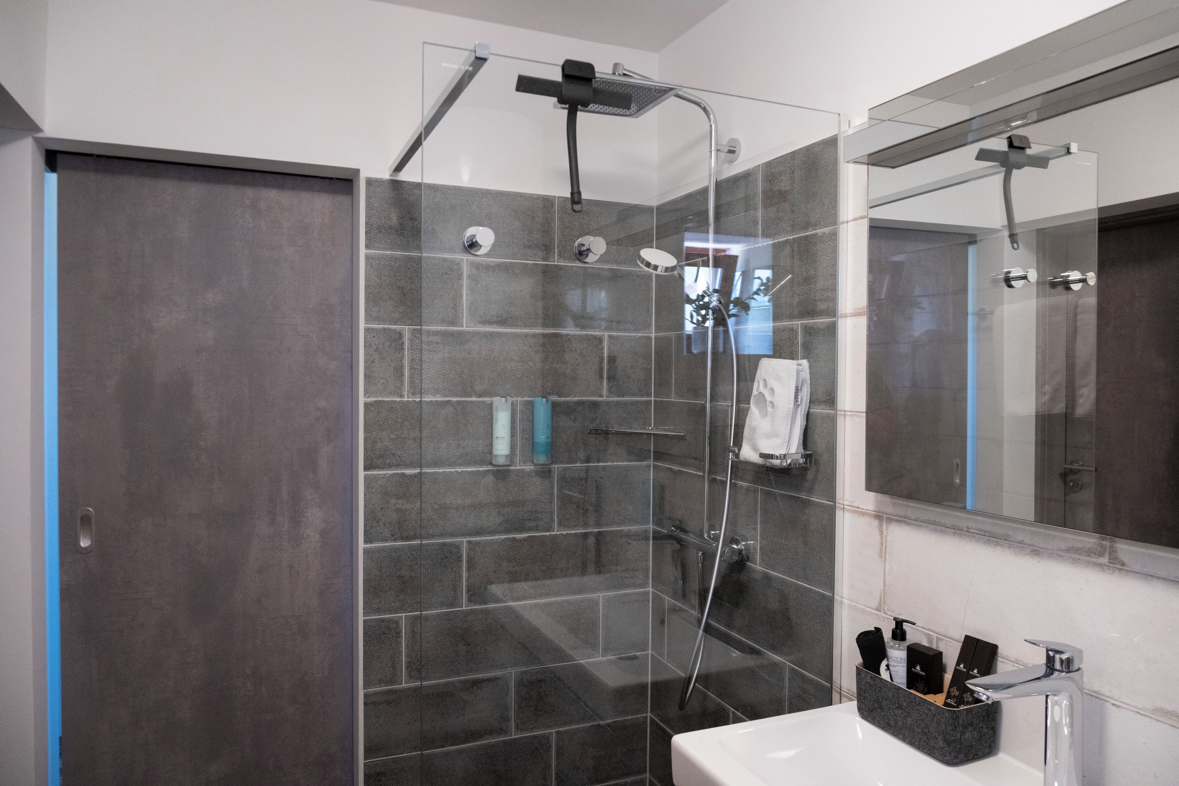 A modern bathroom with a glass-enclosed shower, a white sink, and a large mirror.
