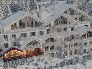 Experience expansive views from the hotel's large windows and balconies, set amidst a serene winter landscape.
