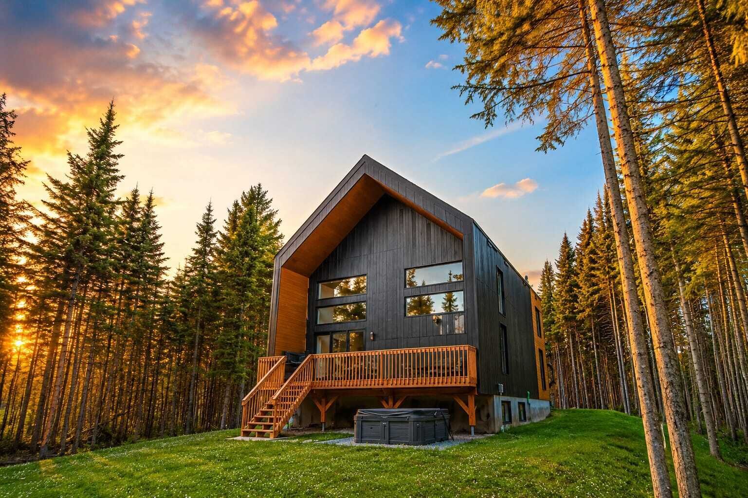 A modern cabin with a wooden deck and large windows, surrounded by a forest.